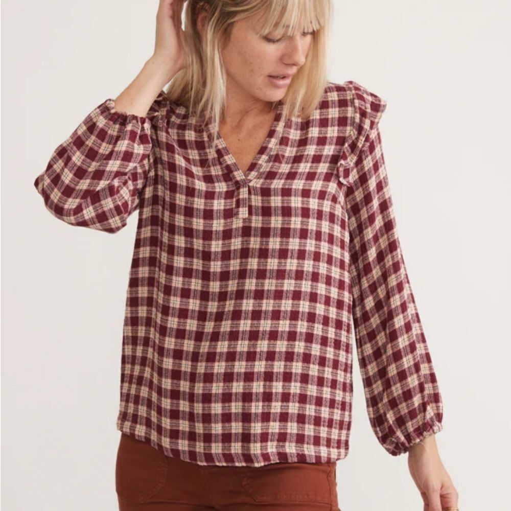 NWT Marine Layer Plaid Blouse Jamie Gingham Ruffle Top Maroon Burgundy Flannel